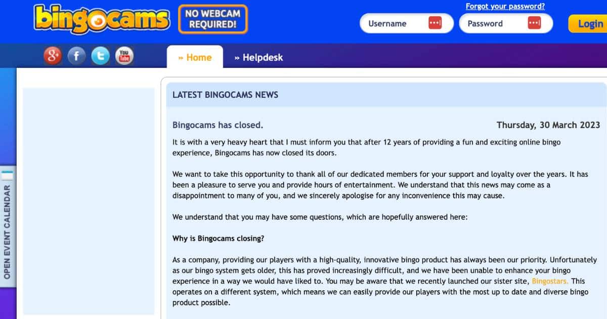 Screenshot of the Bingocams website with the closure message